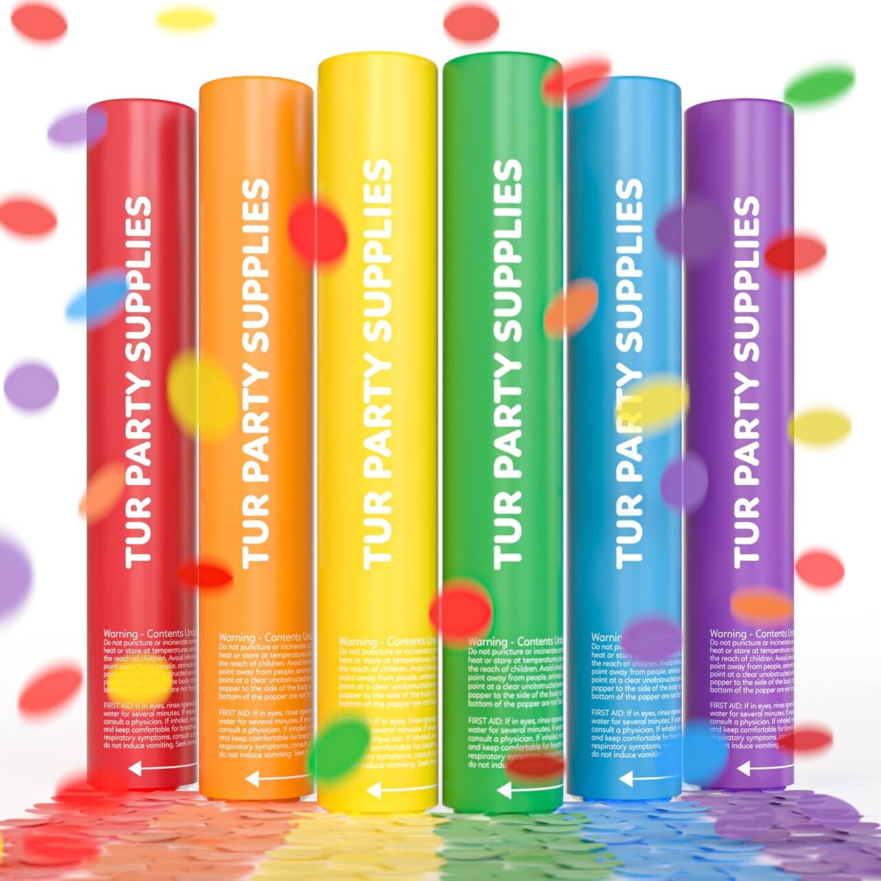 6-Pack Confetti Cannons | Biodegradable Rainbow | Launches 25ft | 12" Party Poppers